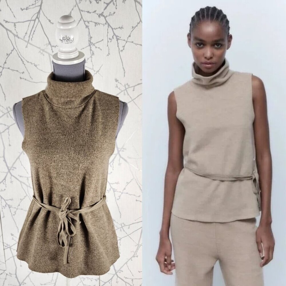 Zara Tan Speckle Knit Cotton Blend Tie Waist Turtleneck Sweater Vest
